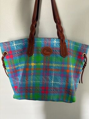 Dooney & Bourke Blue Multicolor Plaid Tote with Brown Braided Leather Straps